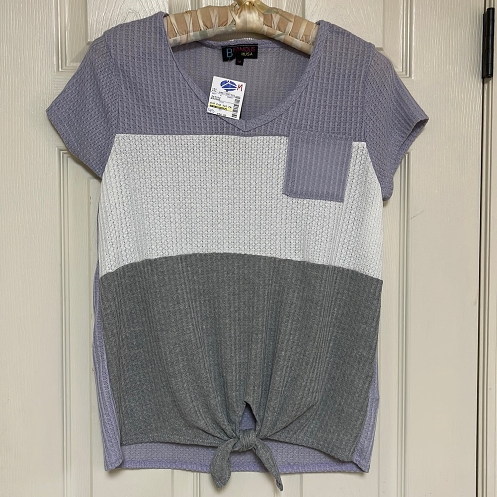 New size medium top. Gray white and purple.